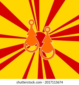 Earrings symbol on a background of red flash explosion radial lines. The large orange symbol is located in the center of the sun, symbolizing the sunrise. Vector illustration on yellow background