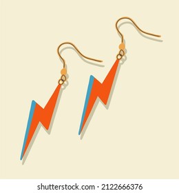 Earrings, women's accessory in retro style, lightning shaped jewelry, isolated objects. Feminine design, vintage outfit element. Flat design, cartoon, vector illustration.