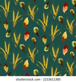 Ears and autumn leaves.Vector pattern with yellow ears and autumn leaves on a colored background.