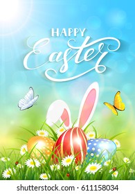 Ears of bunny and butterflies flying above the colorful eggs in grass and flowers. Blue nature background with white rabbit and Easter eggs under sun beams and lettering Happy Easter, illustration.