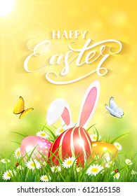 Ears of bunny and butterflies flying above the colorful eggs in grass and flowers. Yellow nature background with rabbit and three Easter eggs under sun beams and lettering Happy Easter, illustration.