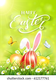 Ears of bunny and butterflies flying above the colorful eggs in grass and flowers. Green nature background with white rabbit and Easter eggs under sun beams and lettering Happy Easter, illustration.