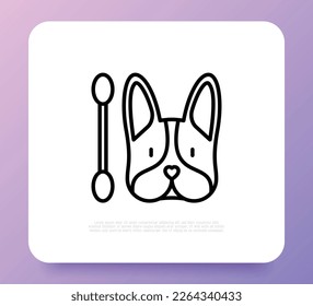 Ears care for pets, dog with cotton swab. Veterinary clinic. Thin line icon. Vector illustration.