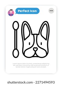 Ears care for pets, dog with cotton swab. Veterinary clinic. Thin line icon. Vector illustration.