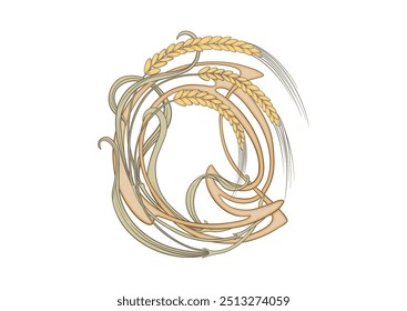 Ears of cereal, wheat or rye Clip art, set of elements for design Vector illustration. Outline hand drawing. In art nouveau style, vintage, old, retro style.