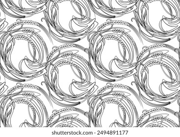 Orejas de cereal, trigo o centeno Patrón de borde sin costuras, ornamento lineal, Ilustración vectorial de cinta. Dibujo a mano. En estilo art nouveau, vintage, antiguo, estilo retro.
