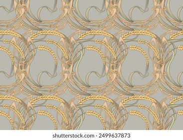 Ears of cereal, wheat or rye Seamless border pattern, linear ornament, ribbon Vector illustration. Outline hand drawing. In art nouveau style, vintage, old, retro style.