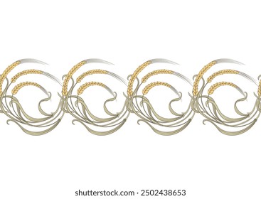 Ears of cereal, wheat or rye Seamless border pattern, linear ornament, ribbon Vector illustration. Outline hand drawing. In art nouveau style, vintage, old, retro style.