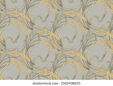 Ears of cereal, wheat or rye Seamless border pattern, linear ornament, ribbon Vector illustration. Outline hand drawing. In art nouveau style, vintage, old, retro style.