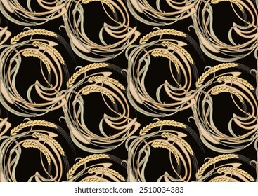 Ears of cereal, wheat or rye Seamless border pattern, linear ornament, ribbon Vector illustration. Outline hand drawing. In art nouveau style, vintage, old, retro style.