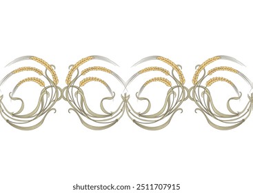 Ears of cereal, wheat or rye Seamless border pattern, linear ornament, ribbon Vector illustration. Outline hand drawing. In art nouveau style, vintage, old, retro style.