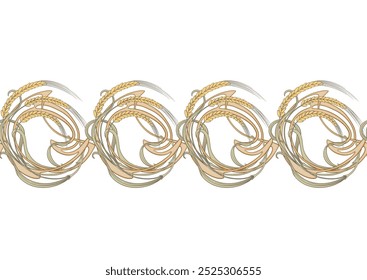 Ears of cereal, wheat or rye Seamless border pattern, linear ornament, ribbon Vector illustration. Outline hand drawing. In art nouveau style, vintage, old, retro style.
