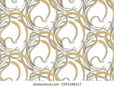Ears of cereal, wheat or rye Seamless border pattern, linear ornament, ribbon Vector illustration. Outline hand drawing. In art nouveau style, vintage, old, retro style.