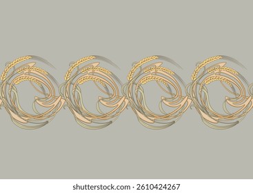 Ears of cereal, wheat or rye Seamless border pattern, linear ornament, ribbon Vector illustration. Outline hand drawing. In art nouveau style, vintage, old, retro style.