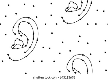 Ears contour seamless pattern on white background with schematic points. Listening electronic music illustration