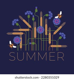 ears of corn and cornfields. Ukrainian summer symbols. Geometric compositions of plants on a dark background. Vector flat illustration