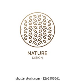 Ears of corn logo. Round emblem spica in circle in trendy linear style. Vector abstract badge for design of natural products, flower shop, cosmetics, ecology concepts, health, spa, yoga Center.