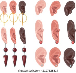 Ears with earrings. Piercing. Auricle. Organ of hearing. set of ears. Vector isolated illustration.
