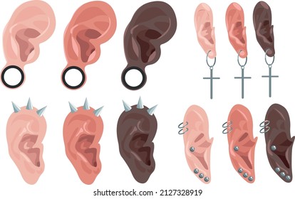 Ears with earrings. Piercing. Auricle. Organ of hearing. set of ears. Vector isolated illustration.