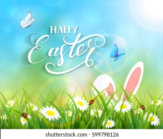 Ears of an Easter bunny and butterflies flying above the grass and flowers, blue nature background with sun beams and lettering Happy Easter, illustration.