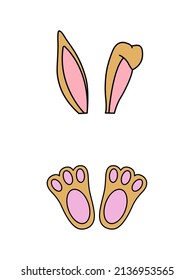 Ears and feet of an Easter Bunny. Monogram design. Cute hand drawn vector illustration. Isolated white background. For Easter decor, cutouts, invitations and postcards