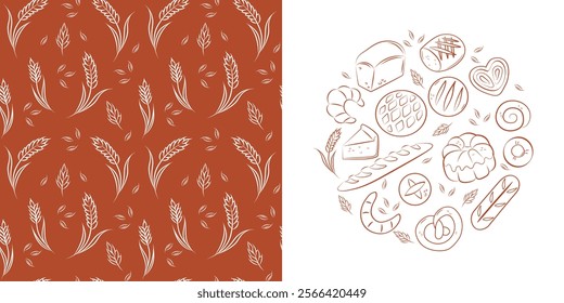 Ears and grains in doodle style. Seamless pattern background. Pastry and bread round illustration. Design set for bakery.