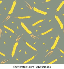 Ears and grains of wheat on a dark background, seamless vector pattern
