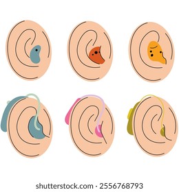 Ears with hearing aids, promoting diversity and accessibility.Health medical device