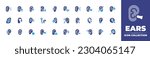 Ears icon collection. Duotone color. Vector illustration. Containing ear, ear cleaning, ear plug, sound, cant hear, deaf, pig, hearing aid, listening, implant, cotton, ear dilator, accessibility.