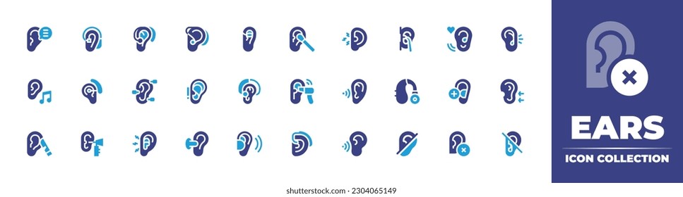 Ears icon collection. Duotone color. Vector illustration. Containing hearing, hearing aid, in ear headphones, ear, earache, music, ear plug, hearing test, otitis, deaf, deafness.