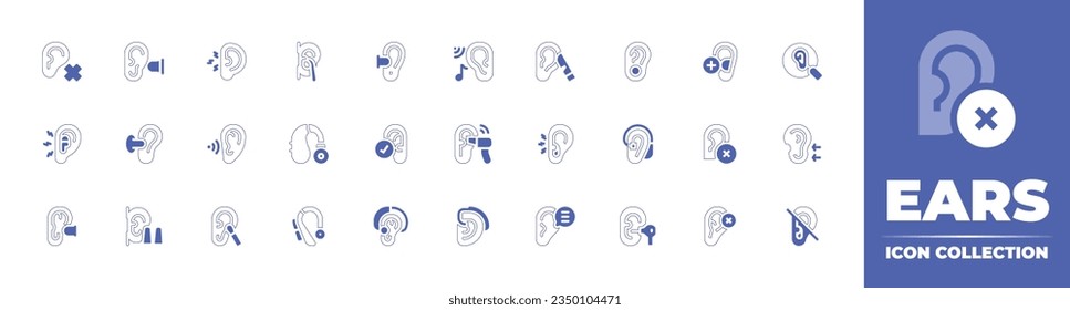 Colección de iconos de los oídos. Curso de línea de estilo duotónico y negrita. Ilustración vectorial. Con sordera, tapón de oído, dolor de oído, oído, dilatador de oído, otitis, audífono, prueba auditiva, algodón, audición y más.