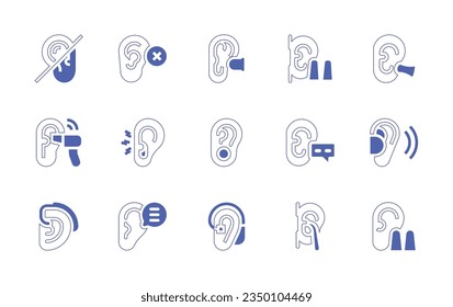 Ears icon set. Duotone style line stroke and bold. Vector illustration. Containing cant hear, deaf, ear, ear plug, hearing test, ear dilator, hearing aid, hearing.