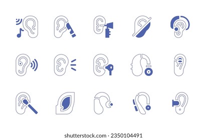 Ears icon set. Duotone style line stroke and bold. Vector illustration. Containing ear, ear plug, listening, ear cleaning, hearing aid, in ear headphones, pig.