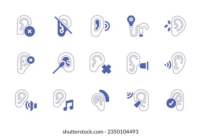 Juego de iconos de las orejas. Curso de línea de estilo duotónico y negrita. Ilustración vectorial. Con sordera, sordera, audición, implante, dolor de oído, accesibilidad, bastón de algodón, tapón de oído, oído, sonido, música, audífono.