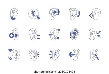 Juego de iconos de las orejas. Curso de línea de estilo duotónico y negrita. Ilustración vectorial. Con oreja, audífono, audición, otitis, tapón de oído, algodón.
