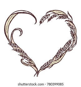 ears and leaves of wheat drawn by hand in the shape of heart