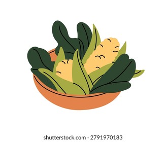 Ears of maize and green leaves in a ceramic bowl. Cobs of corn in a pottery dish. Fresh organic vegetables for cooking salad. Healthy farm food. Flat isolated vector illustration on white background