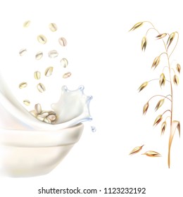 ears of oats oat flakes filled with milk realistic 3d vector illustration