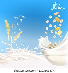 ears of oats oat flakes filled with milk  realistic 3d vector illustration