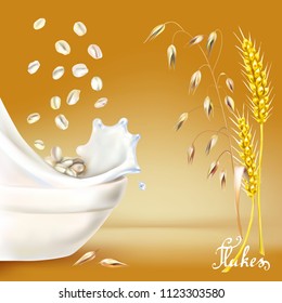 ears of oats oat flakes filled with milk  realistic 3d vector illustration
