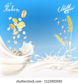 ears of oats oat flakes filled with milk  realistic 3d vector illustration