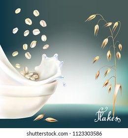 ears of oats oat flakes filled with milk  realistic 3d vector illustration