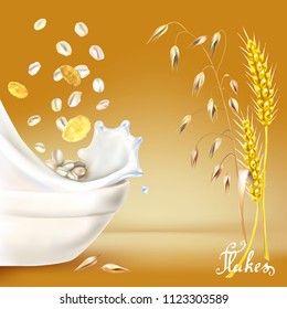 ears of oats oat flakes filled with milk  realistic 3d vector illustration
