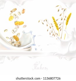 ears of oats oat flakes filled with milk realistic 3d vector illustration