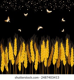 Ears on a black background.Vector illustration with ears of corn and golden moths on a black background.