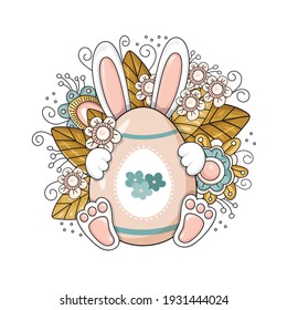 Ohren und Pfoten eines Osterhasen blicken hinter einem Osterei auf hellem Hintergrund, einzeln auf weißem Hintergrund. Das rosafarbene Ei ist mit kleinen Blumen geschmückt. Ostergrußkarte.