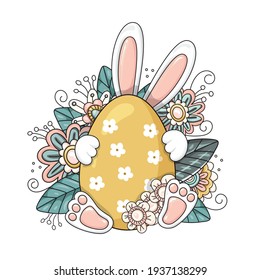 Ears and paws of an Easter bunny peek out from behind an Easter egg on a background of bright leaves and flowersisolated on a white background. Yellow egg is decorated with small flowers. Pale yellow.