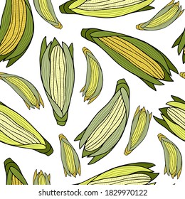 Ears of ripe corn on a white background. Vector seamless pattern. Autumn harvest of vegetables. Design for wrapping, paper, print.