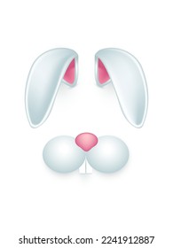Ears of spring bunny and cute muzzle vector illustration. 3d funny Easter rabbits mask for mobile app filter, happy hare animal, pretty decorative girlish headband and costume isolated on white