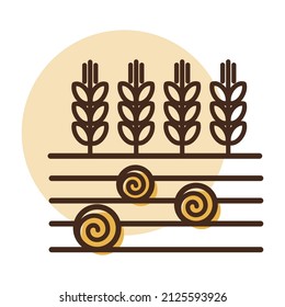 Ears of Wheat, Barley or Rye on field and round hay bales icon. Agriculture sign. Graph symbol for your web site design, logo, app, UI. Vector illustration, EPS10.